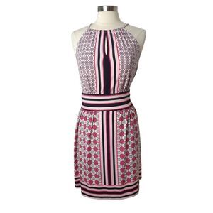 NY&Co Sleeveless Halter Dress L Pink Black Keyhole Stretch Retro Glam Resort